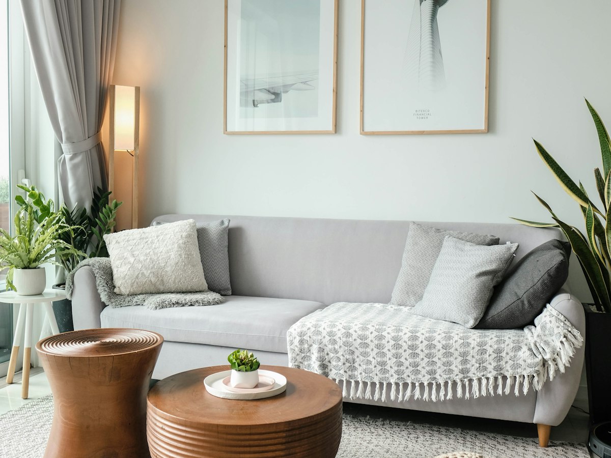 A light grey sofa with cushions and a folded throw in a small living room, with houseplants, a floor lamp and a round wooden coffee table.