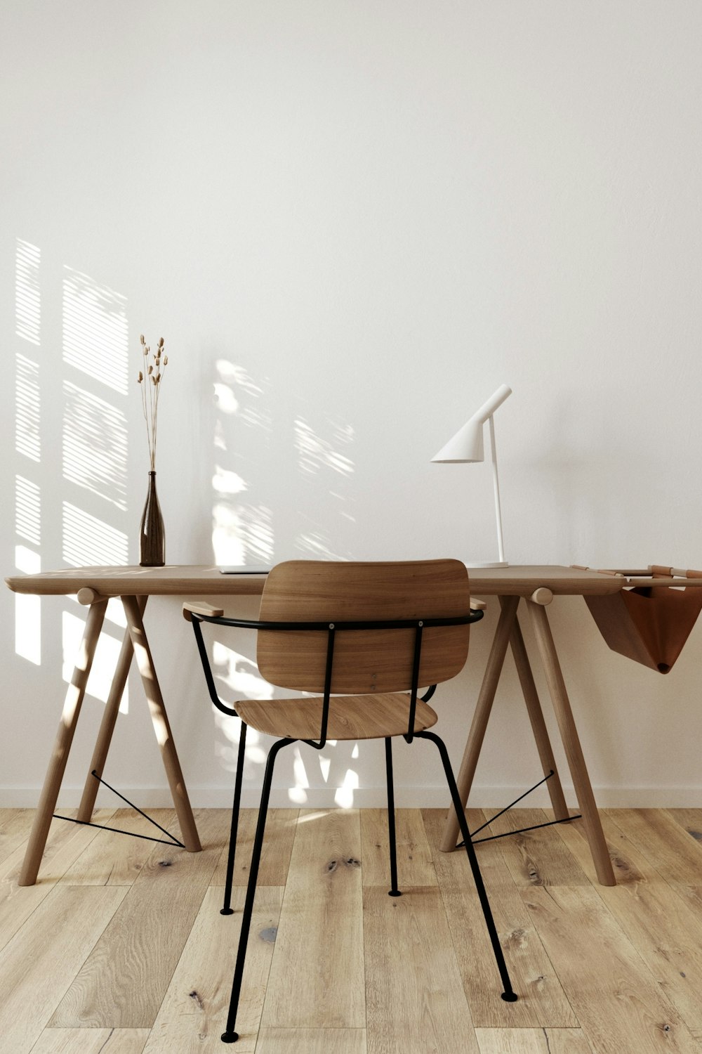 Scandi Desk Corner Ideas | Small Living Room Workspace — pin this guide from The Scandi Flat: How to build a Scandinavian-look desk corner in a UK living room for under £300, covering desk depth, task lighting, cable management and chair choice.